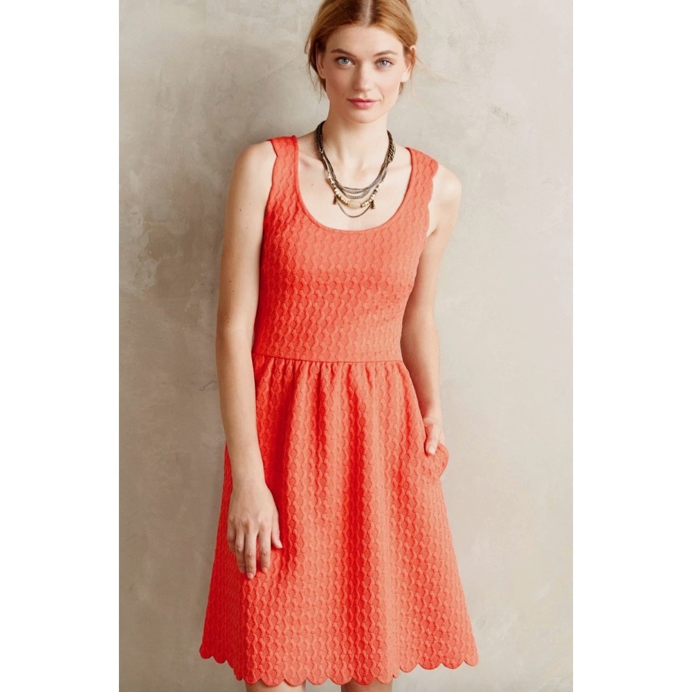 Maeve Textured Scallop Dress Womens Medium Orange Excellent Sleeveless Lace Back